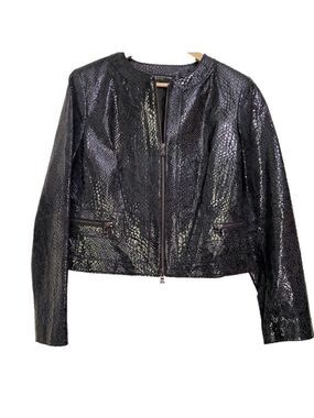 JONES New York black crop jacket shinny genuine leather soft contemporary spakle
